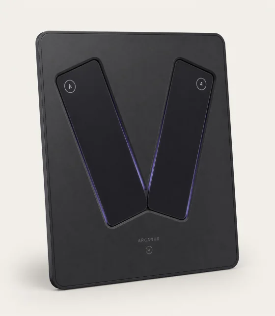 Rear of the Arcanus Portal with the XFCE and Vault drives recessed in a V formation with subtle purple edge lighting